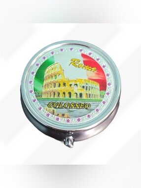 Trinket Pill Box Rome Italy Colosseum Travel Metal Hinged Round 3 Compartments